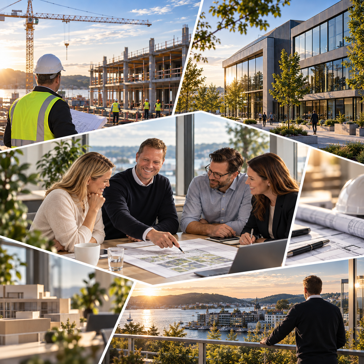 Collage fra byggeprosjekter, kontormiljø og samarbeid hos Vestfold Prosjektledelse